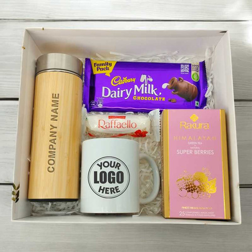 Personalized Bamboo Bottle, Mug & Rakura Green Tea Gift Box with Sweet Treats Personalized Bamboo Bottle, Mug & Rakura Green Tea Gift Box with Sweet Treats
