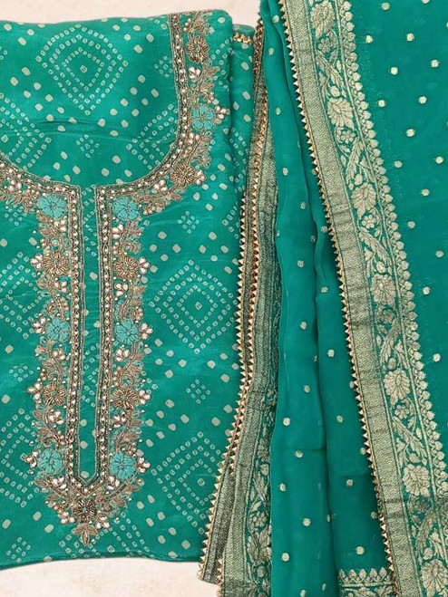 Teal Green Muslin Silk Unstitched Kurtha Set with Bandhani Print & Tassel Border Shawl