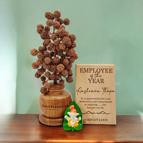 Personalized Wooden Plaque with Rudraksha Tree & Ganesh Idol