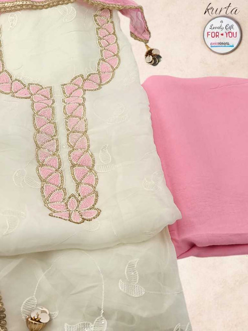 Cream Unstitched Kurtha Set with Zari Work, Beads & Floral Embroidered Shawl