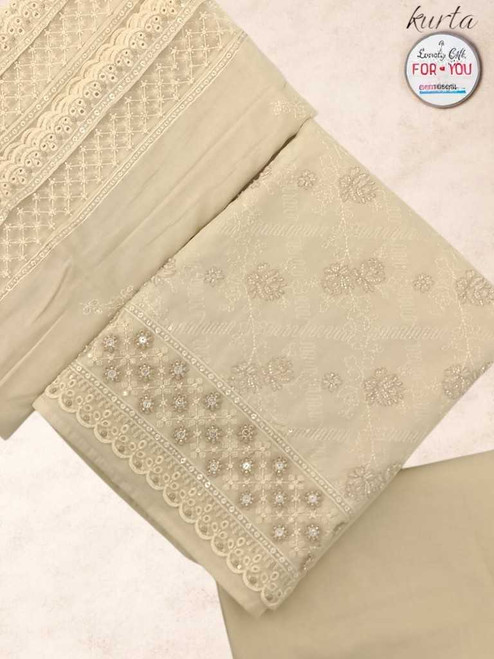 Pastel Yellow Cotton Unstitched Kurtha Set with Beads & Sitara Work Giftmandu