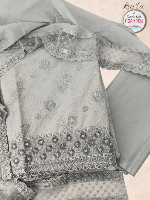 Cotton Unstitched Kurta Piece – Grey with Floral Beadwork