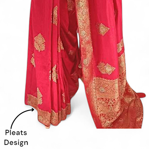 Red Dola Silk Saree with Floral Golden Thread Embroidery