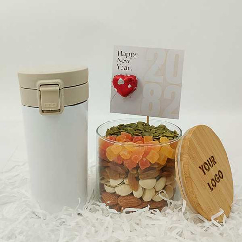 New Year Corporate Gift with Insulated Mug & Dry Nuts Glass Jar