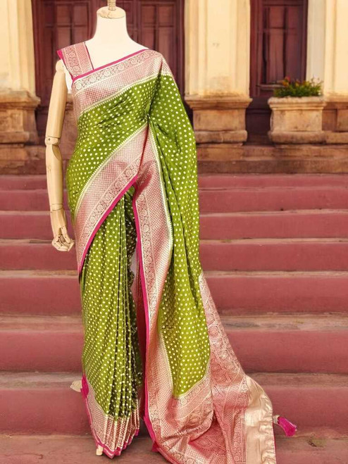 Golden Dots Accented Mehendi Green Satin Silk Saree With Pink Border