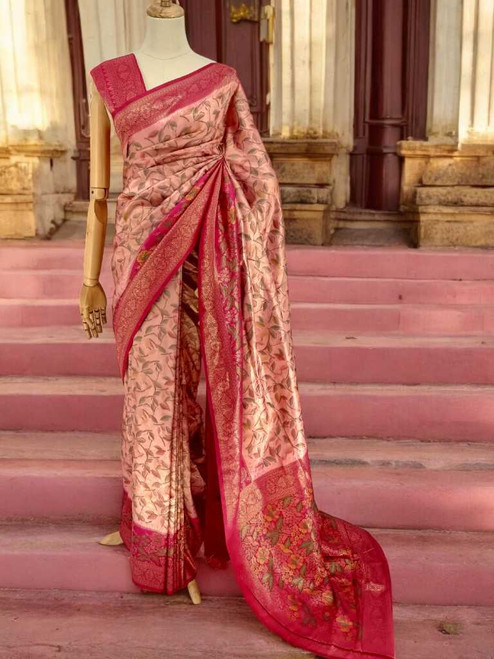Light Pink Kanjivaram Silk Saree with Dark Pink Border & Multicolor Floral Embroidery