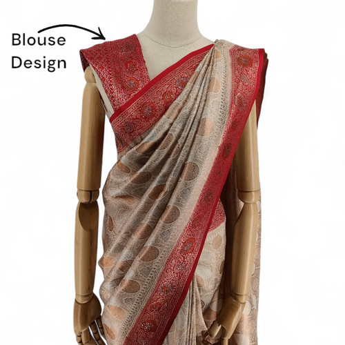 Off White Kanjivaram Silk Saree with Red Border accented with tassels