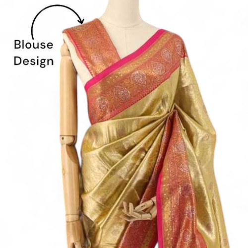 Yellow South Silk Saree with Pink Border, Leaf & Floral Embellishments
