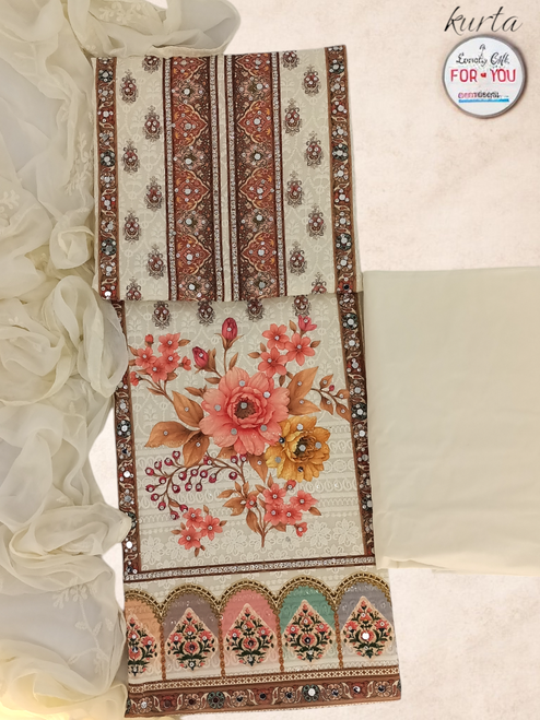 Light Yellow Muslin Silk Kurta Set with Floral Pattern, Suruwal & Dupatta