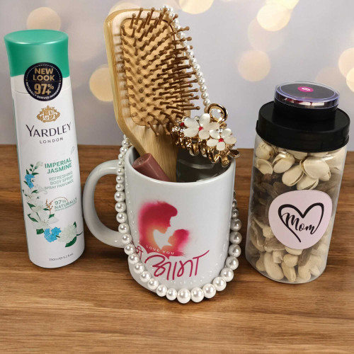 Fragrant & Nutritious Gift Set for Mom: Perfume, Comb, Mug & Nuts