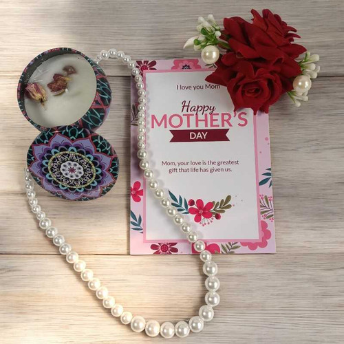 Graceful Mother’s Day Surprise: Candle, Pearl Mala, Hair Clip & Card