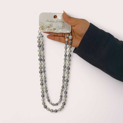 2 Layer Moti Mala With Earring Set white & Gray
