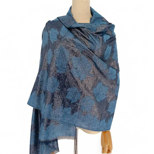 Cotton Shawl with Glitter Leaf Design in Blue