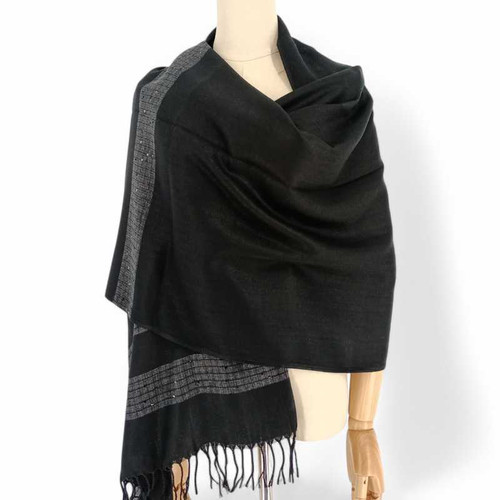 Linear Design Black Pashmina with Zari Work Giftmandu