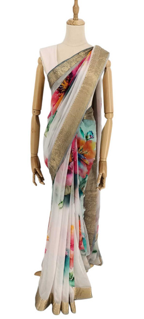 Multicolour Flower Printed French Chiffon Saree Giftmandu