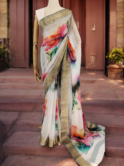 Multicolour Flower Printed French Chiffon Saree