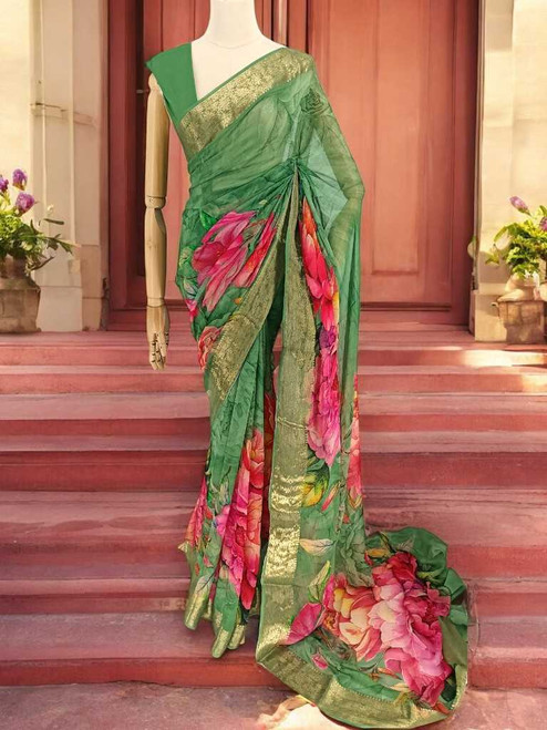 Graceful Green Floral Chiffon Saree with Golden Border