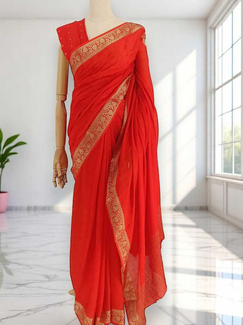 Blood red Chiffon saree With Golden Flower Patterned Border