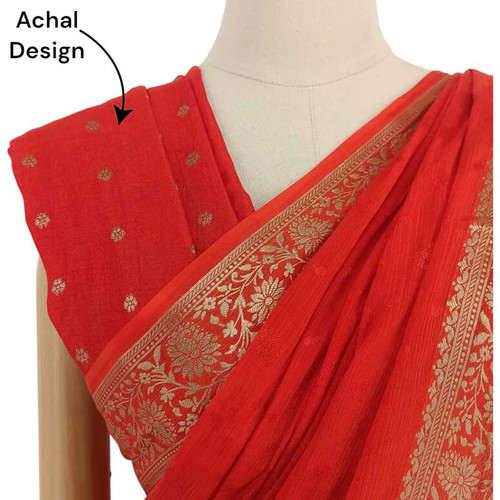Blood red Chiffon saree With Golden Flower Patterned Border Giftmandu
