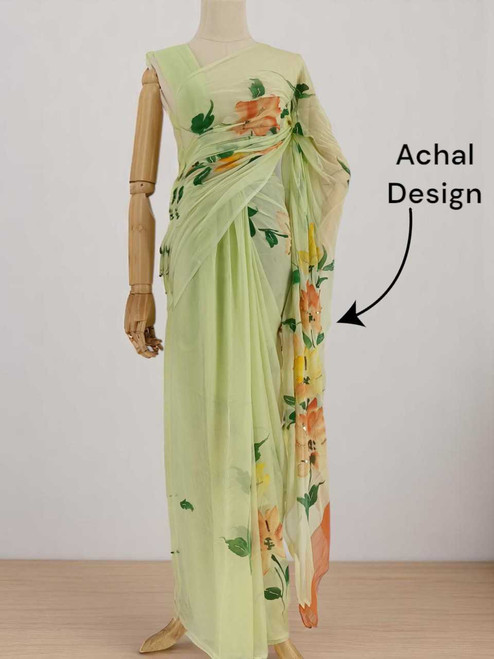 Mint Green French Chiffon Saree with Floral Jari Work Giftmandu