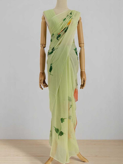 Mint Green French Chiffon Saree with Floral Jari Work