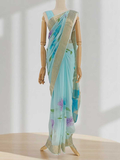 Sky Blue French Chiffon Saree with Floral Print & Golden Border