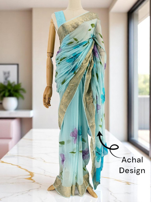 Sky Blue French Chiffon Saree with Floral Print & Golden Border