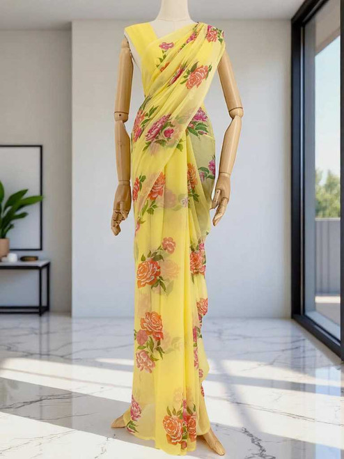 Light Yellow Chiffon Saree with Floral Design