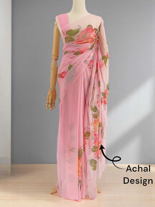 Elegant Light Pink French Chiffon Saree with Floral Jari Work Giftmandu