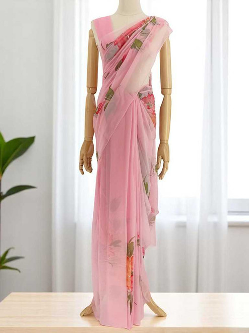 Elegant Light Pink French Chiffon Saree with Floral Jari Work