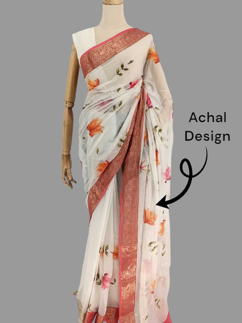 White French Chiffon Saree with Multicolor Floral Design and Golden-Pink Border Giftmandu