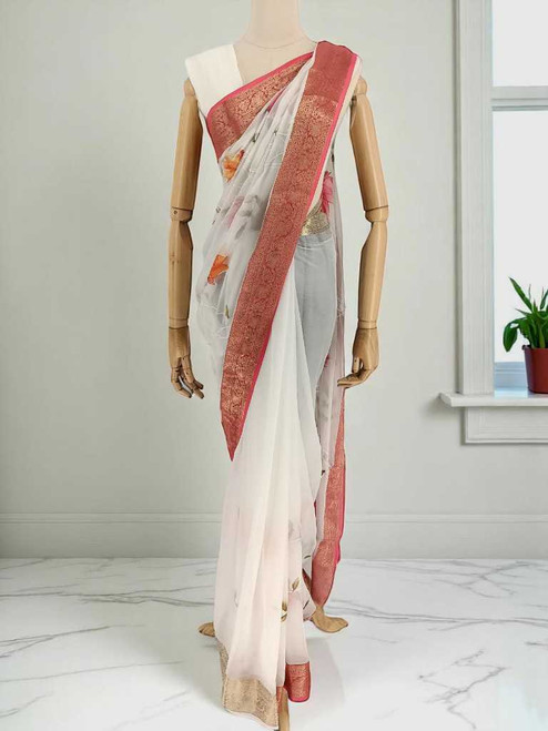 White French Chiffon Saree with Multicolor Floral Design and Golden-Pink Border
