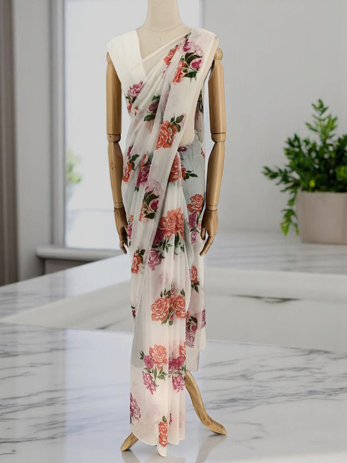 White Chiffon Saree with Multicolor Floral Print & Pink Border