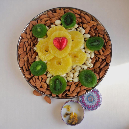 Festive Gift Set: Dry Fruits, Nuts & Chocolates in Stainless Plate with Candle