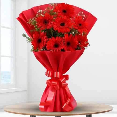 Charming Bouquet of Red Gerbera Blooms