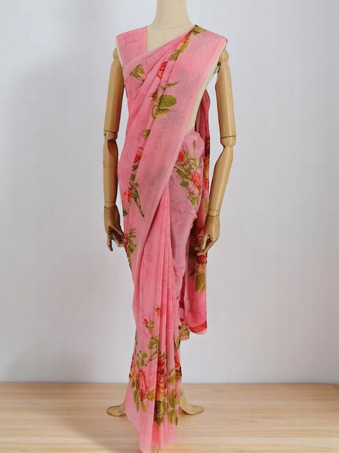 Pink Chiffon Saree with Floral Print Design