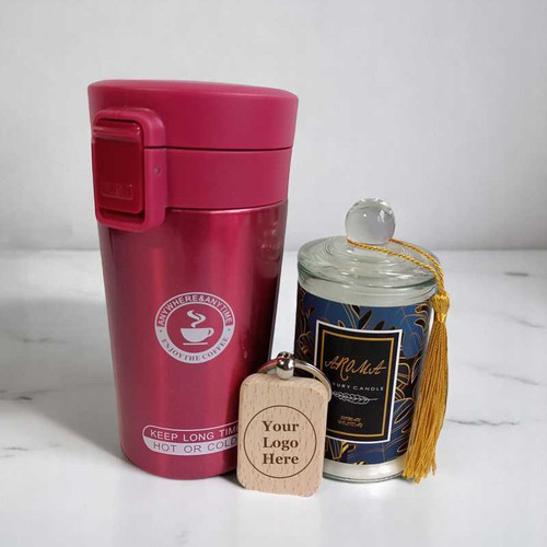 Premium Corporate Gift – Vacuum Mug, Candle, & Keyring Combo