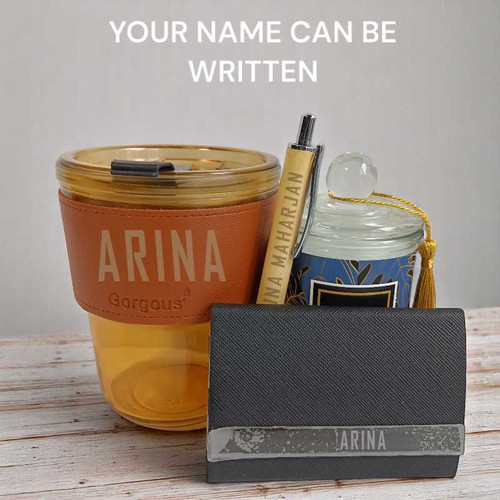 Custom Gift Set – Aroma Candle, Personalized Card Holder, Wooden Pen & Glass Sipper