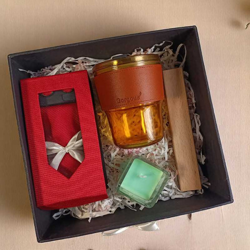 Personalizable Hamper with Red Necktie and Candle Glass Giftmandu