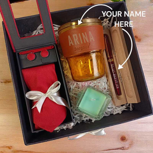 Personalizable Hamper with Red Necktie and Candle Glass