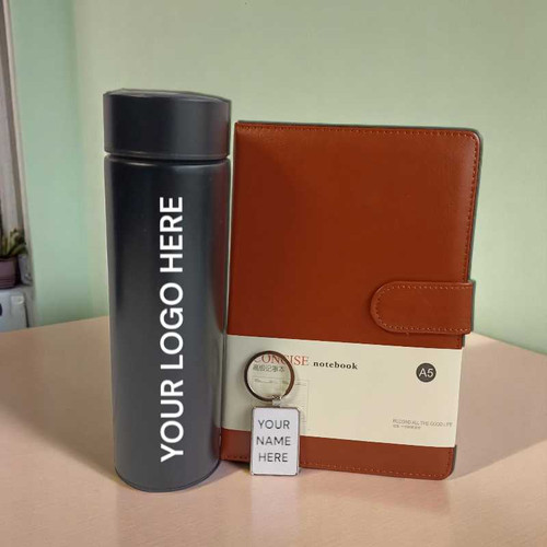 Premium Personalized Gift Set – LED Temp Bottle, Keyring & Notebook