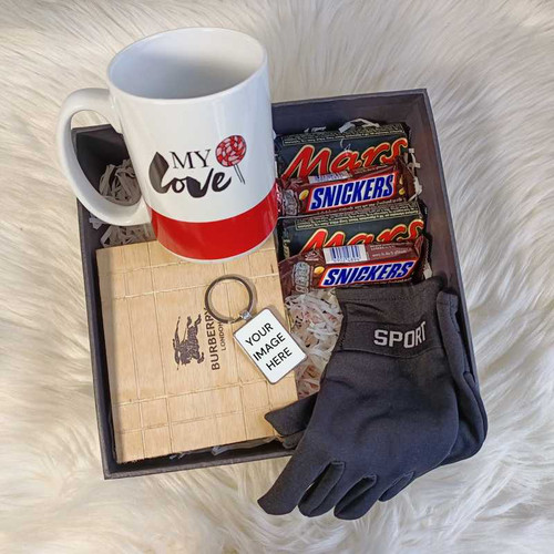 Premium BoxFor Him : Burberry Wallet, Gloves, Chocolates & Personalized Keychain