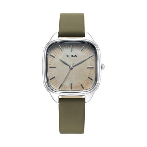Titan Workwear Quartz Analog White Dial Green Leather Strap Watch For Women