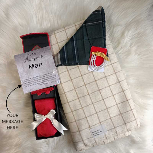 Cream Coat Piece with Brooch and Tie Combo for Him