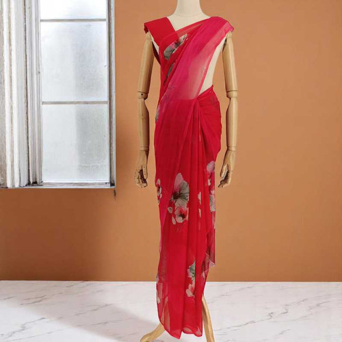 Red & Pink Chiffon Saree With Floral Design