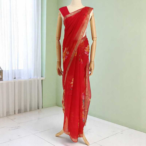 Red Chiffon Saree With Golden Border