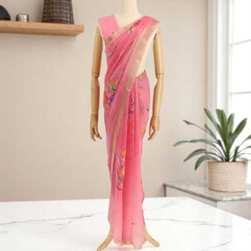 Flower Design Light Pink Chiffon Saree with Golden Border