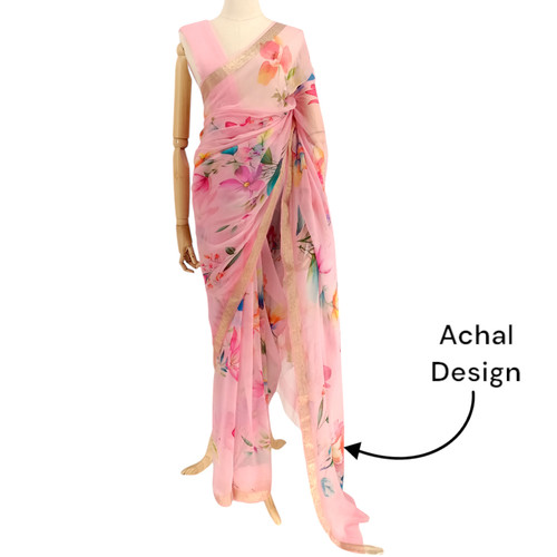 Floral Design Chiffon Saree with Golden Border - Baby pink