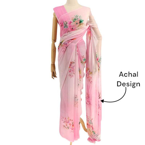 Pastel Pink Chiffon Saree With Golden Border Giftmandu