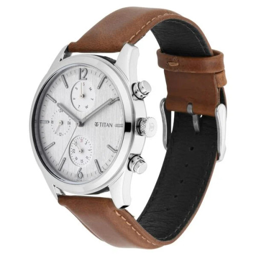 Titan Workwear Watch with White Dial & Leather Strap -1805SL04